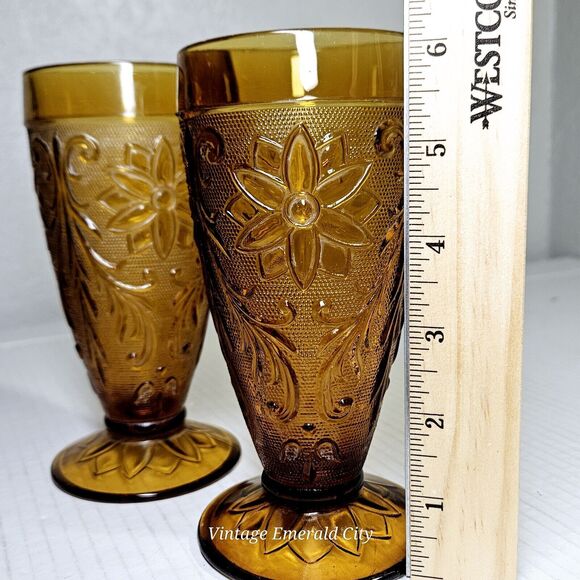 Vtg Indiana Sandwich Tiara Honey Amber Water Juice Glass Goblet Set Of 2 READ - Picture 7 of 14
